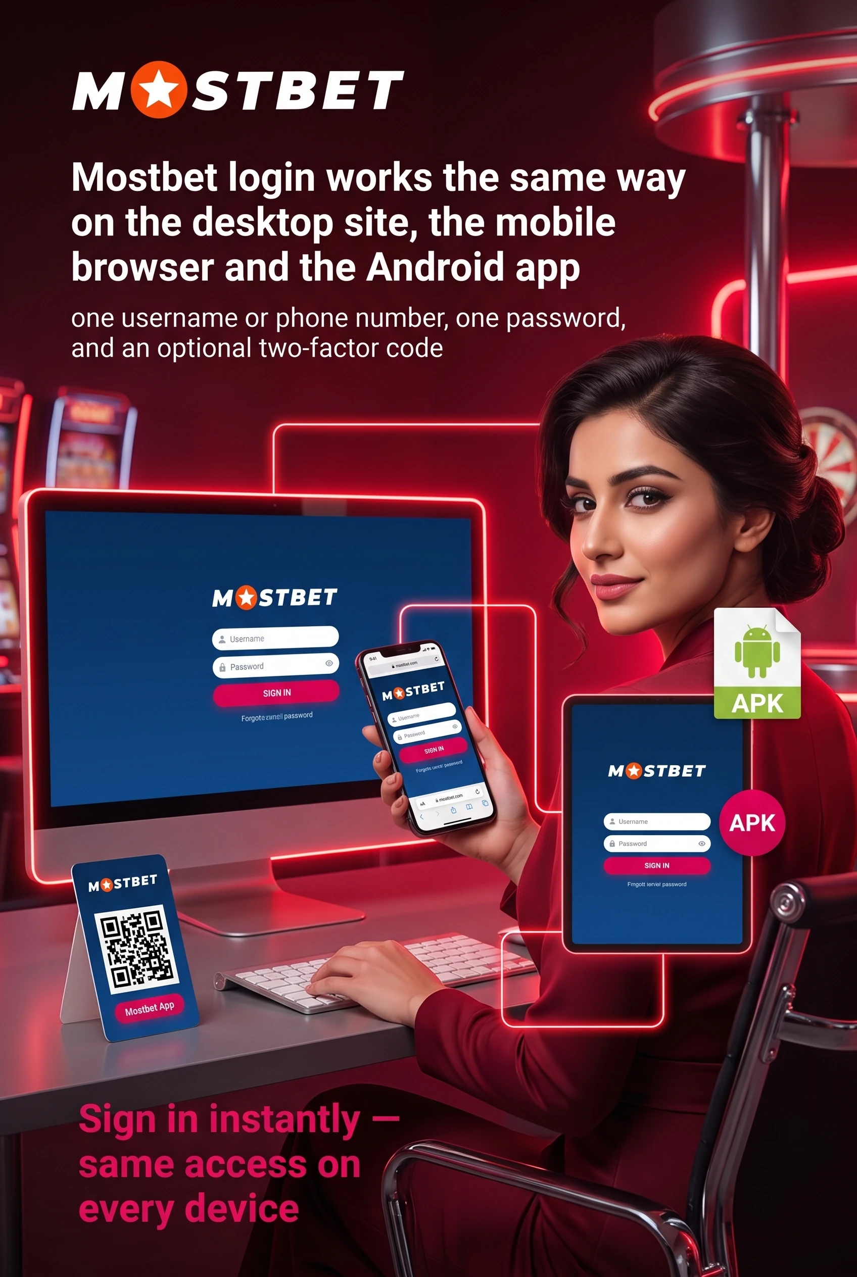 Logging in to a Mostbet account from a phone and a desktop